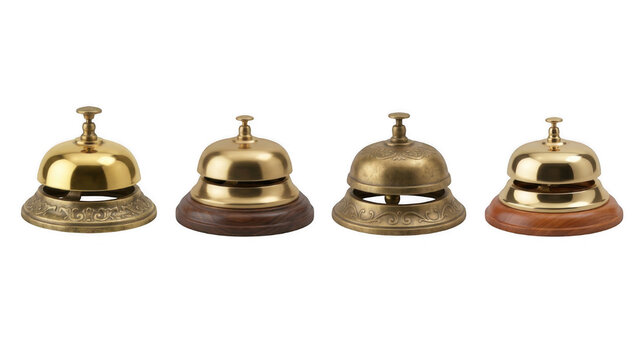 Four brass hotel service bells with wooden bases arranged in a row during studio lighting isolated on transparent background