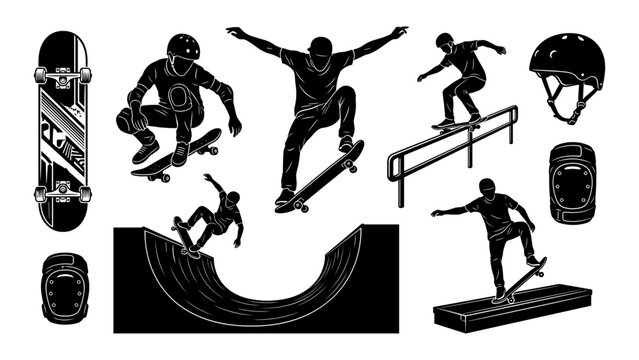 Black silhouette vector collection of extreme sports skateboarders performing kickflips and tricks, including isolated skate props like a deck and safety helmet.