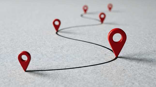 Red map pins connected by a winding path representing travel journey on map