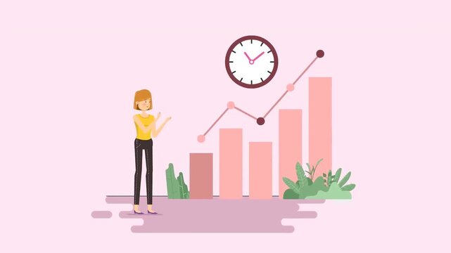 Woman Standing Near Rising Bar Chart Graph Column and Time Clock Icon 2D Animation