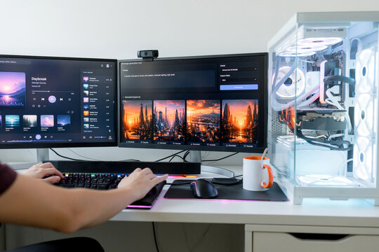 Young man use AI tools on gaming computer workstation