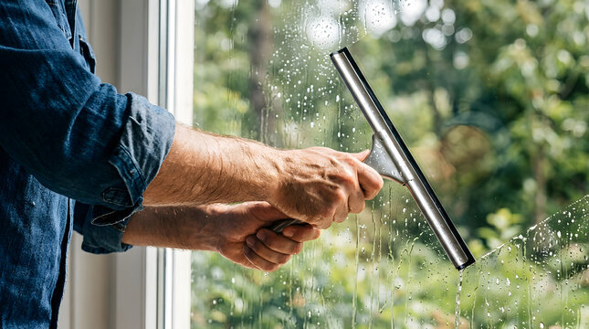 Window cleaner using a metal squeegee with soapy water spray droplets on a bright sunny day.