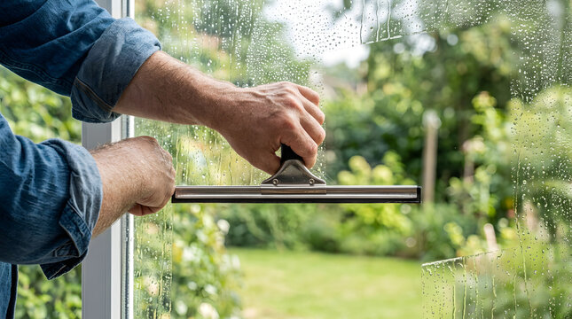 Person wearing a blue denim shirt holds a rubber squeegee to wipe soapy water and droplets from a residential window overlooking a green garden.