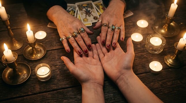 Professional Fortune Teller Doing Palmistry Session for Client with Burning Candles and Tarot Cards