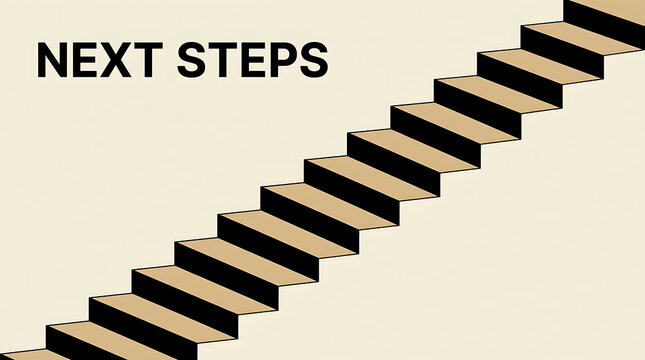 Minimalist graphic illustration of stairs leading upward with next steps text