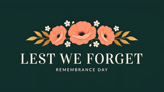 Remembrance day lest we forget banner with elegant poppy flowers on a dark green background