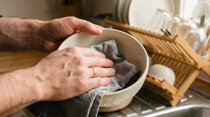 Fototapeta premium Hands drying a beige ceramic bowl with a grey textured cloth in a bright kitchen with wooden dish racks.