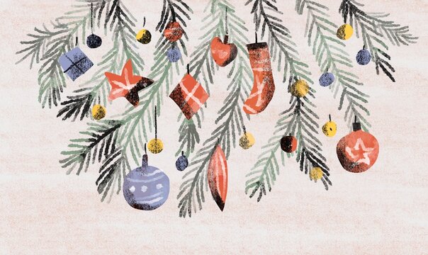 Christmas Fir Branches with Festive Decorations
