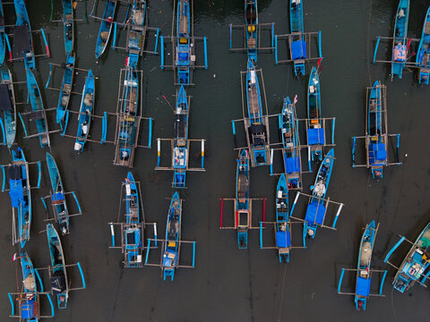 Top Down View Of Fishing Boats at Low Tide on Java Coast
