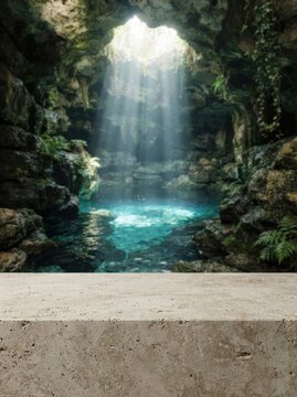 A breathtaking cave interior showcasing a serene crystal-clear waterfall pool illuminated by natural sunlight rays, perfect for travel inspiration and adventure photography stock needs.