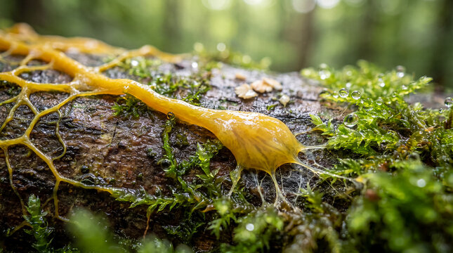 Yellow slime mold spreading across a damp moss covered forest log