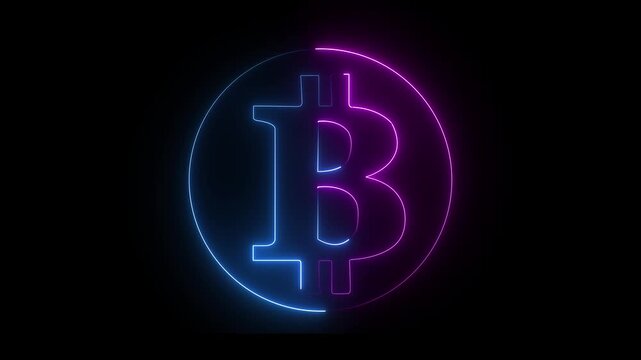 Neon Glowing  blue & pink Color Bitcoin icon animation. neon bitcoin lights on black background. Global finance bitcoin icon..