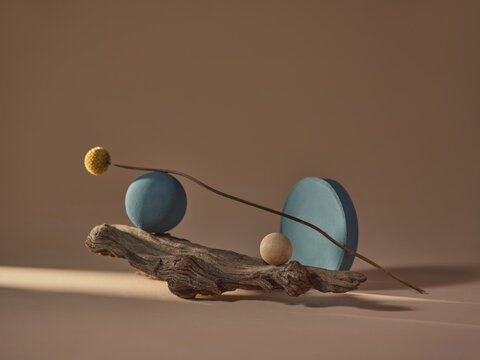 A minimalist still life featuring a branch, spheres, and flower