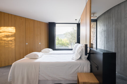 Luxury villa bedroom with wood interior in Catalonia