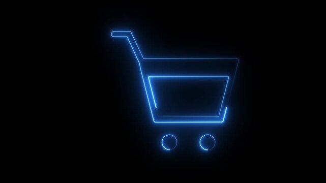 Blue color glowing shopping cart neon icon animation on a black background. 4k Motion Graphic.