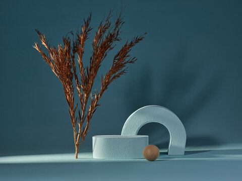 A serene minimalist scene with geometric shapes, dried branch