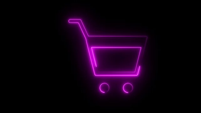 Pink color glowing shopping cart neon icon animation on a black background. 4k Motion Graphic.