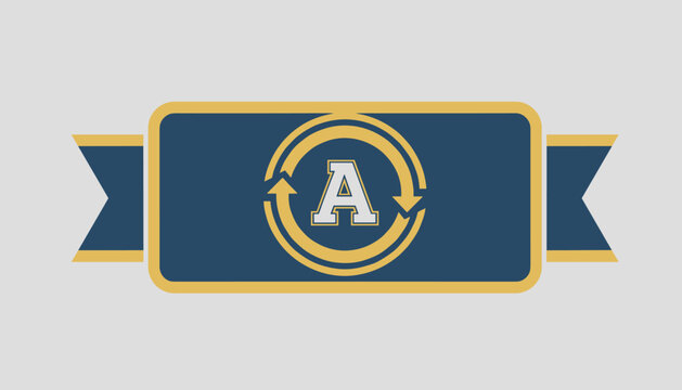 Award style ribbon in dark blue with golden borders featuring a central letter a symbol surrounded by circular cycle arrows.