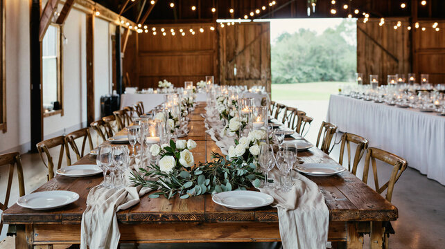 Long rustic wedding reception table set in a barn at dusk