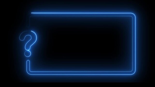 Animated neon glowing frame and question mark. blue color icon with 4k video black background...