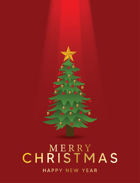 Christmas Greeting Poster Featuring Decorated Tree Against Rich Burgundy vector Background