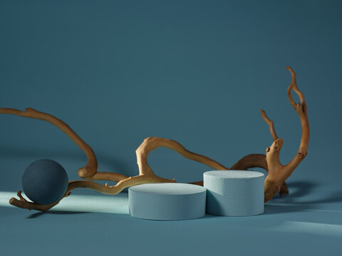 Minimalist product display featuring sphere, pedestals and driftwood