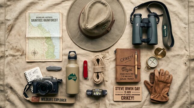 Flat lay of wildlife exploration gear including a hat, binoculars, camera, map, and Steve Irwin Day memorabilia arranged on canvas.