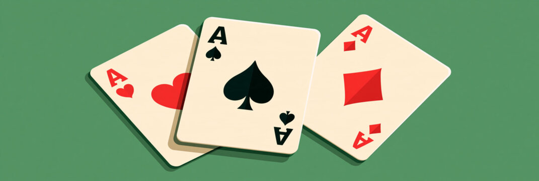 Drei Spielkarten mit Assen auf gr&uuml;nem Hintergrund im Flat-Design
