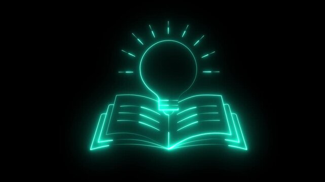 Glowing neon knowledge icon Animation on Black background. Concept ideas inspiration, invention, effective thinking, knowledge and education.