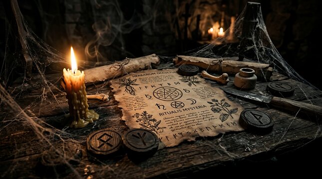 Ancient occult ritual herbarium with mystical parchment and melting candle on dark wooden table