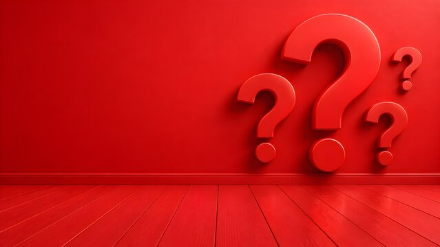 Red room with large question marks on the wall representing FAQ, curiosity, mystery, problem solving, and asking questions concept