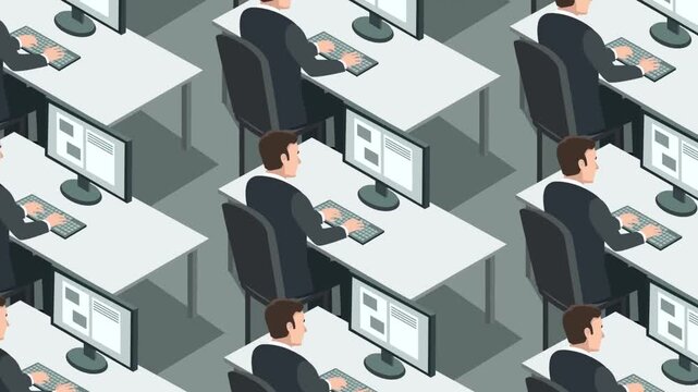 Isometric Office Workers Sitting at Computer Desks in Seamless Repeating Pattern Animation