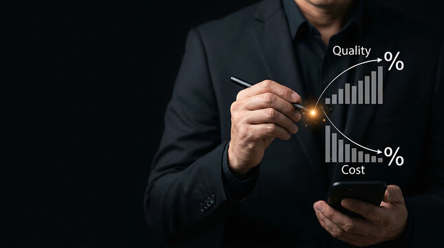 Businessman working on smartphone analyzing quality and cost growth charts
