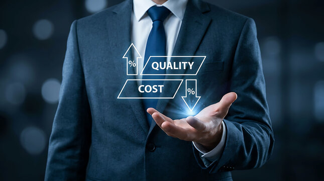 Businessman holding graphic showing increasing quality and decreasing cost