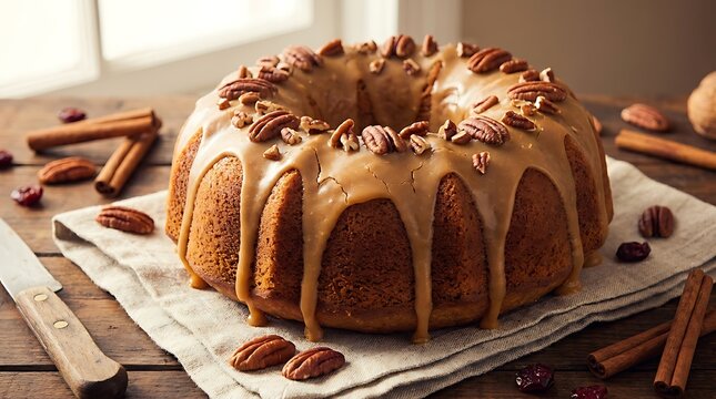 Bundt cake with caramel glaze and pecan nuts on a rustic wooden table with cinnamon sticks
