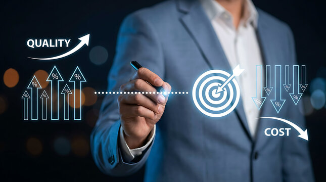 Businessman drawing a quality growth and cost reduction strategy concept