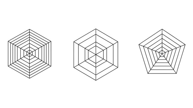 Three geometric spider web style radar charts with varying shapes isolated on white background