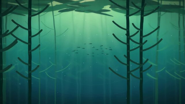 Vibrant underwater kelp forest scene featuring swaying stalks sunlit shafts fish and drifting plankton loop