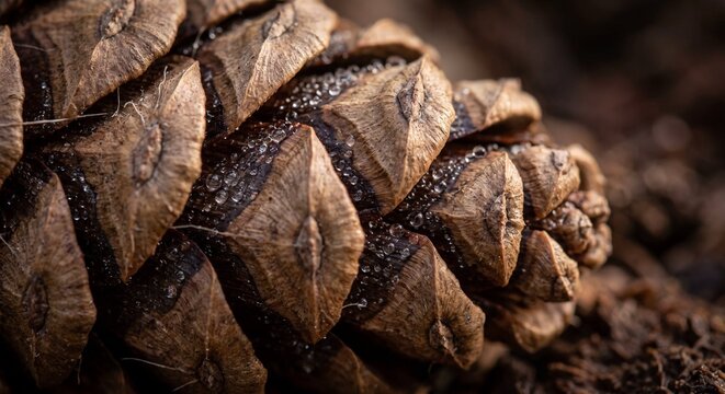 Close-up of a pine cone on the forest floor with detailed texture  