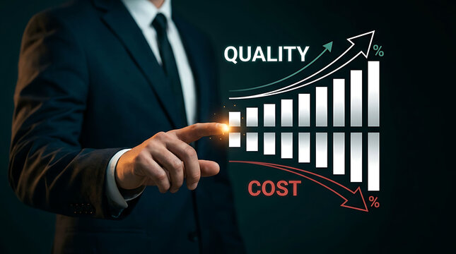 Businessman pointing at quality and cost chart concept showing growth and savings
