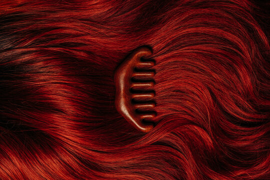 Vintage wooden comb on wavy ginger hair background