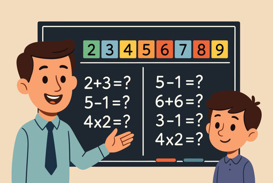 Friendly male teacher points to simple math equations on a blackboard to explain a lesson to a young student.