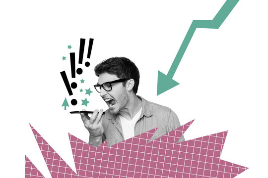 Composite photo collage of angry man shout phone arrow reduction crisis fall regress confusion decline isolated on painted background