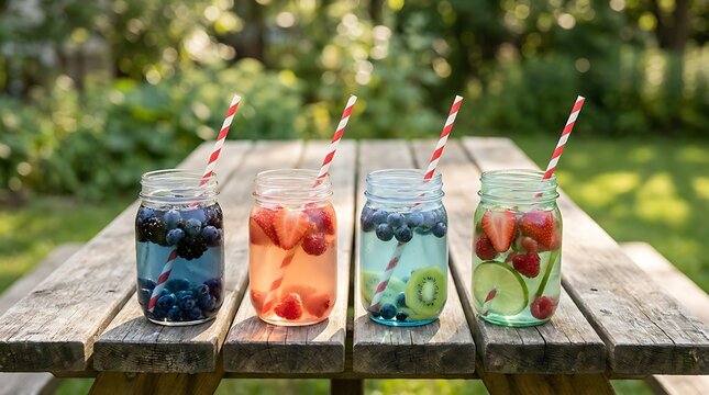 Four Glass Mason Jars Filled with Fresh Fruit Infused Water on a Rustic Wooden Table Outdoors