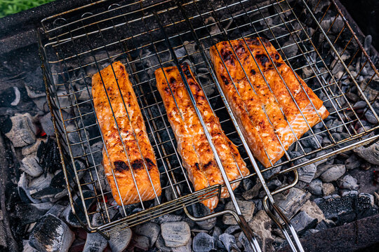 Grilled salmon fillet on charcoal barbecue grill