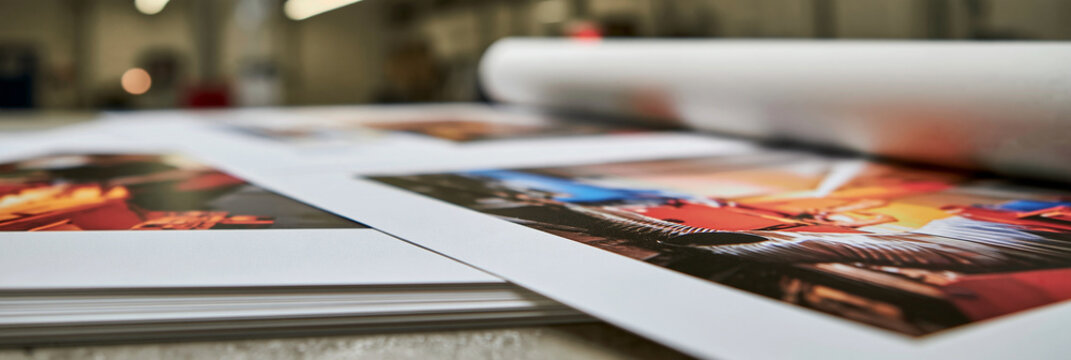 Bunte Fotodrucke auf Papierrolle in einer Druckerei