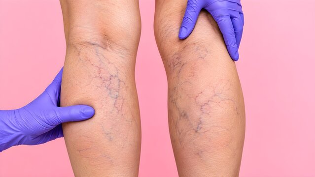 Doctor in blue medical gloves examining female legs with prominent varicose veins and spider veins on a pink background for health care