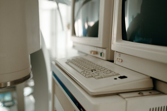Vintage hospital computer terminal in clinical workspace