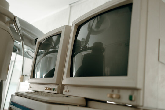 Vintage computer terminals in retro technology laboratory
