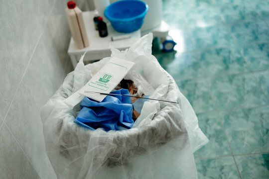 Medical waste bin with surgical supplies after endoscopy